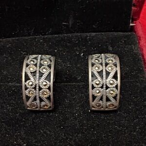 Elegant Vintage Sterling Silver Marcasite  1/2 Hoop Earrings